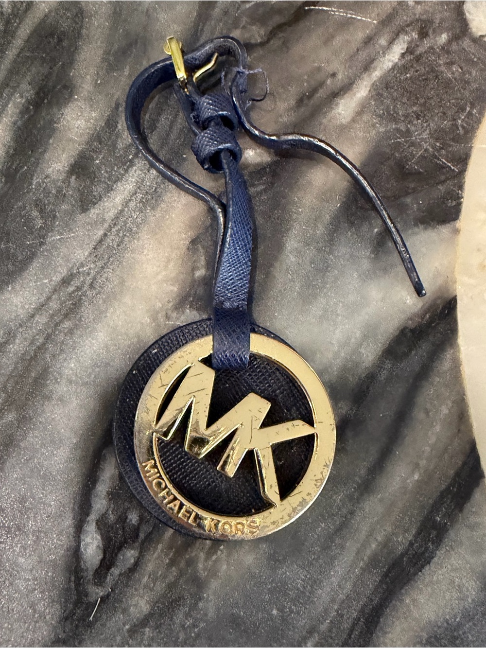 Michael Kors Navy Leather Strap with Gold MK Logo Key/Bag Charm